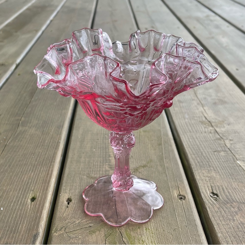 Fenton Dusty Pink Rose Footed Ruffled Edge Compote